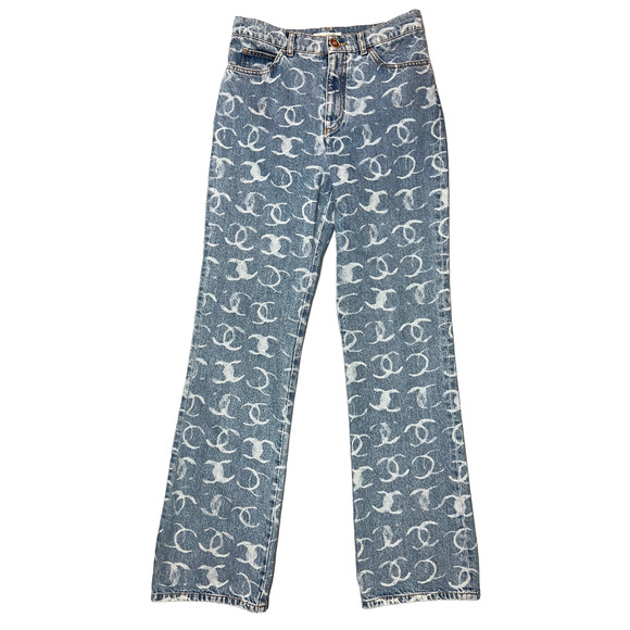 Chanel 23B Runway Light Blue Denim White CC Printed Logo Sequin Regular Jeans 38 - Picture 7 of 16